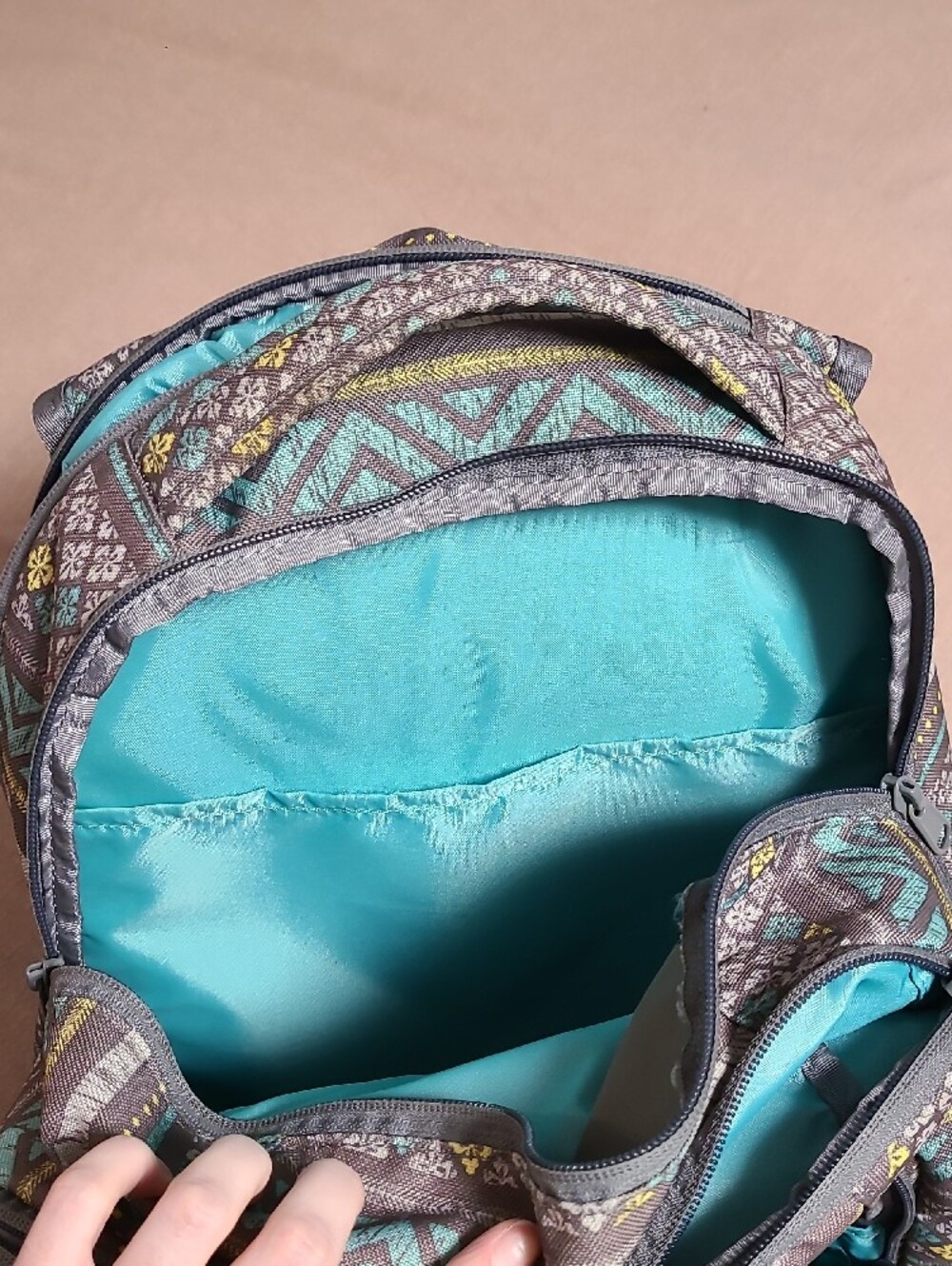 Gray Patterned Backpack with Aqua & Yellow Accents - Picture 4 of 11